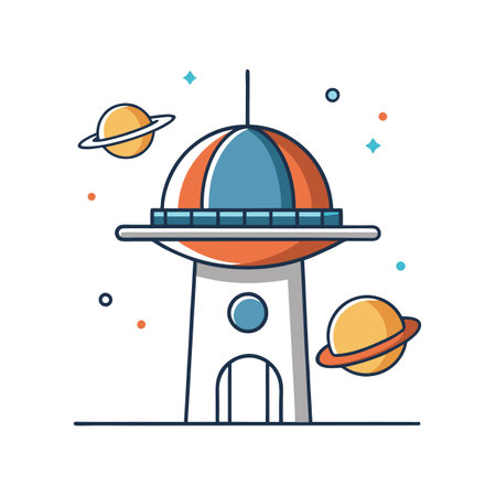 Cartoon Space Observatory with Planets and Stars, Vector Illustration on White Backgroundのイラスト素材