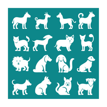 Dog Breed Silhouettes: Diverse Collection on Teal Background for Pet Designs and Graphicsのイラスト素材