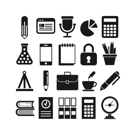 Set of office and educational icon graphics in black and white, organized in gridのイラスト素材
