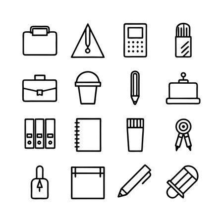 Line Art Vector Icons of Office Supplies and Stationery Arranged on White Backgroundのイラスト素材