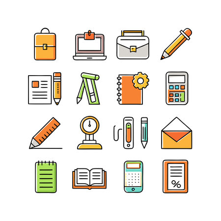 Office supplies vector art: Backpack, laptop, calculator, and stationery arranged on a white background.のイラスト素材