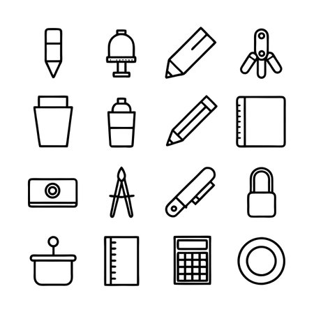 A collection of outlined stationery items, creating a simple and modern school and office themed design.のイラスト素材