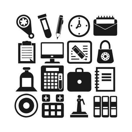 Collection of office and business icons in flat monochrome style against a white backgroundのイラスト素材