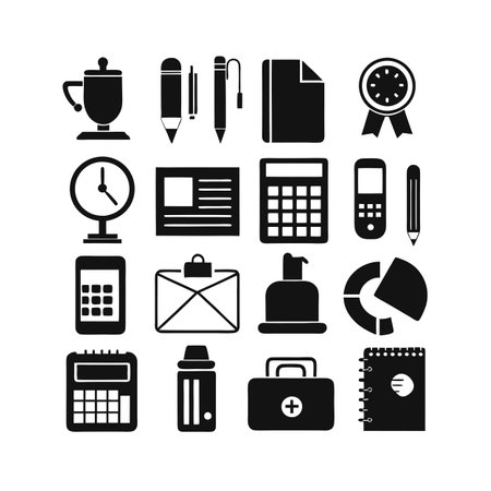 Office Essentials Black and White Icon Collection for Business and Productivity Visualsのイラスト素材