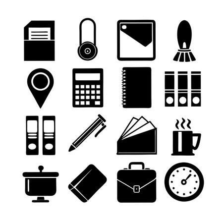 Black and white office icons set against a white background depicting various business toolsのイラスト素材