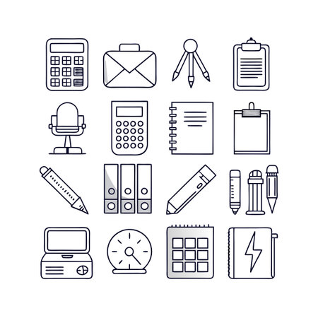 Workplace Line Art: A Collection of Office Supplies and Business Equipmentのイラスト素材
