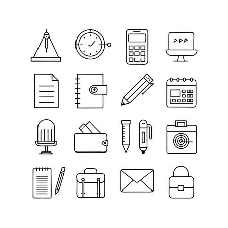 Office and Business Flat Icon Set: Essential Tools and Equipment in Simple Line Artのイラスト素材