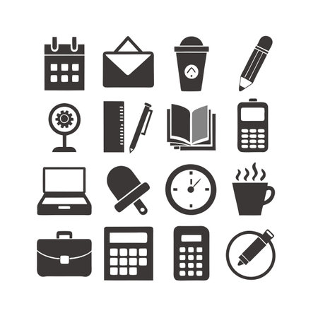 Collection of black and white office icon set featuring common business toolsのイラスト素材