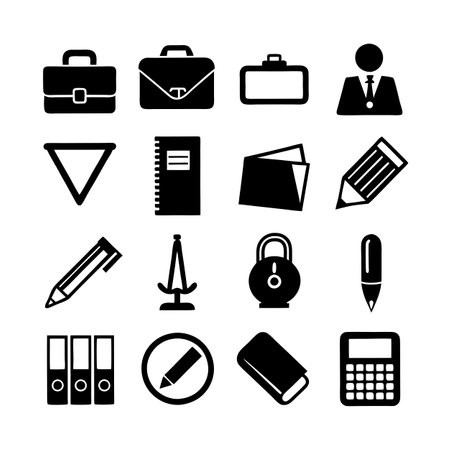Black and white vector icon set representing business and office supplies on clean backgroundのイラスト素材