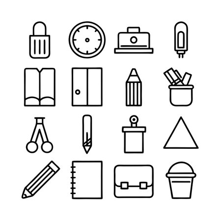 Outline Icons of Office and School Supplies on White Background for Stock Illustrationsのイラスト素材