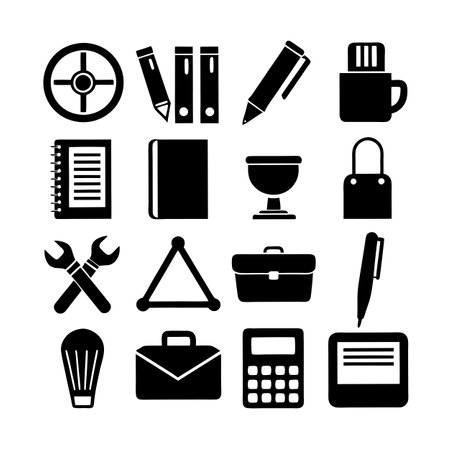 Office Supplies and Tools Black and White Icon Set on White Backgroundのイラスト素材