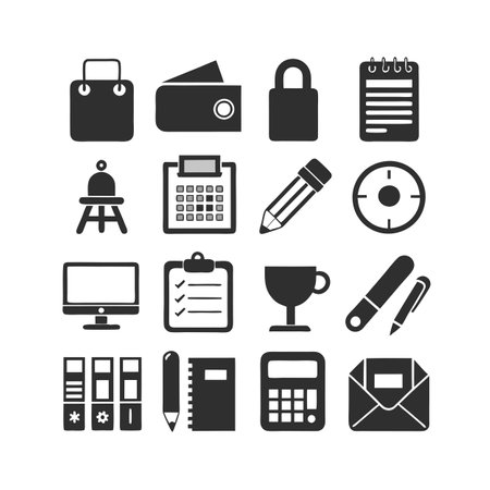 Office and Business Icon Collection: A minimalist black and white illustration of common business items.のイラスト素材