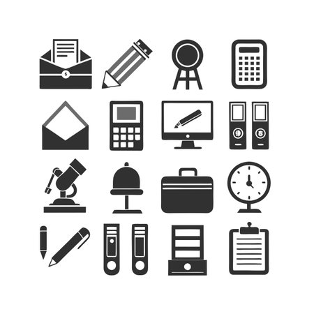 Monochrome office icons representing business management, finance, and daily office tasksのイラスト素材