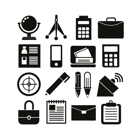 Monochrome icon set featuring office and business related symbols and shapesのイラスト素材
