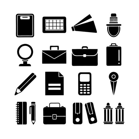Black and white icon set representing office supplies, paperwork, and corporate communication toolsのイラスト素材