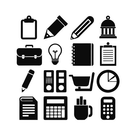Office and Business Icon Set in Black and White Flat Designのイラスト素材
