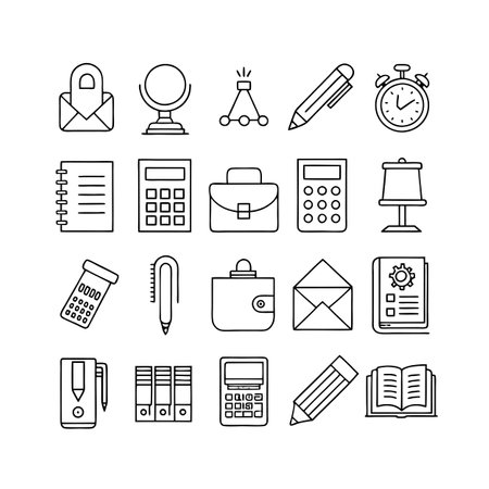 Office Supplies Line Art Icons for Business and Work Organizationのイラスト素材