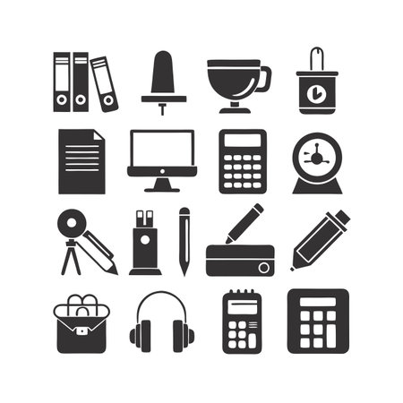 Collection of stationery and office equipment icons presented in simple flat styleのイラスト素材