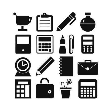 Collection of black office and business icons representing organization and productivity, on white backgroundのイラスト素材