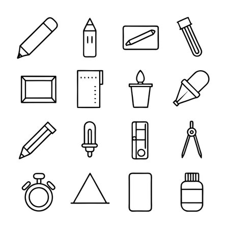 Black and white outline icons of various office school supplies on white backgroundのイラスト素材