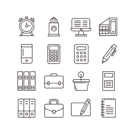 Office Essentials: A Collection of Minimalist Line Art Icons on White Backgroundのイラスト素材