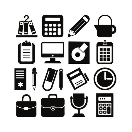 Black and White Office Supply Icons Arranged in a Square Gridのイラスト素材