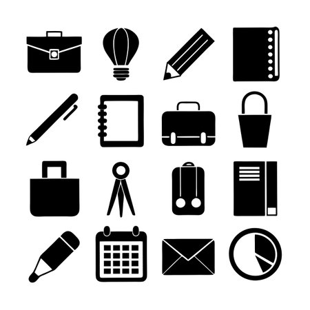 Black and white office supply icons in a geometric arrangement on a white backgroundのイラスト素材