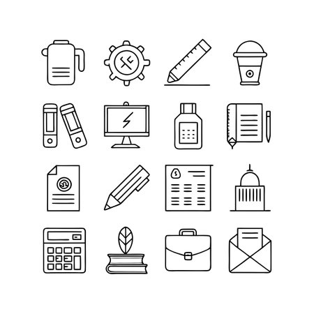 Office and work icons showing various daily activities and business tools in modern outline styleのイラスト素材