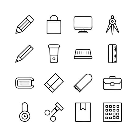 Line art vector icons depicting office, art supplies, and academic objects arranged in gridのイラスト素材
