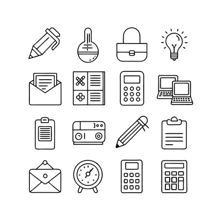 Outline illustration of sixteen stationery items on a white background in a simple, graphic styleのイラスト素材