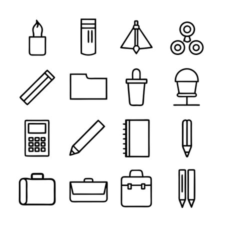Line art illustration of various office and business icons organized in a gridのイラスト素材