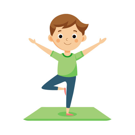 Boy in Tree Pose: Kids Yoga, Fitness, and Healthy Lifestyle Illustrationのイラスト素材