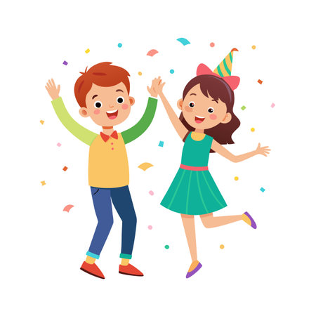 Happy Children Celebrating Birthday with Confetti and Party Hats Illustrationのイラスト素材