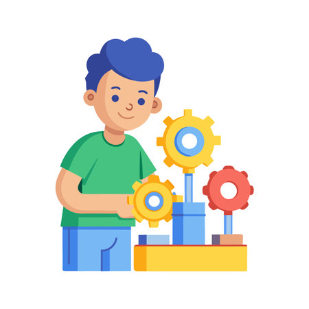 Boy Engineer Building Gears, Education, STEM, Robotics, Innovation, Young Inventorのイラスト素材