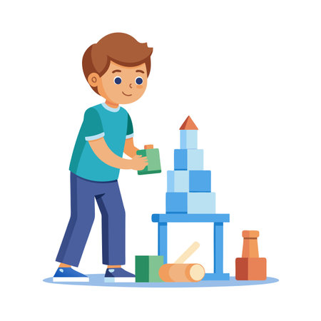 Boy Playing with Wooden Blocks, Building a Tower on a Tableのイラスト素材