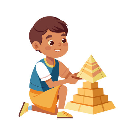 Cute Boy Building a Pyramid with Toy Blocks, Creative Playのイラスト素材