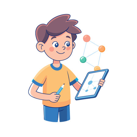 Cartoon Boy Exploring Science on Tablet with Colorful Molecular Structureのイラスト素材