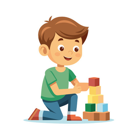 Cartoon Boy Playing with Building Blocks, Child Development and Funのイラスト素材