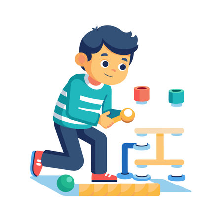 Little Boy Playing with Wooden Educational Toys: Learning and Development Illustrationのイラスト素材