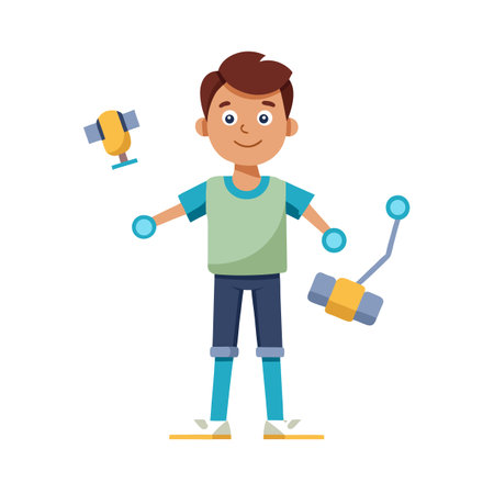 Happy Boy with Futuristic Gadgets, Vector Cartoon Illustration of Future Technologyのイラスト素材