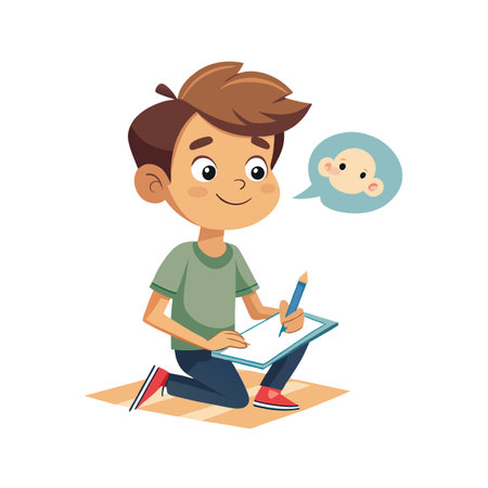 Boy Drawing Monkey, Cartoon Illustration of Child Artist, Creativity and Imaginationのイラスト素材