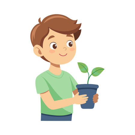 Boy with a Plant: Gardening, Childhood, and Environmental Awareness Illustrationのイラスト素材