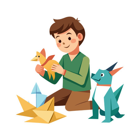 Boy playing with origami paper animals, creative hobbies and childhood conceptのイラスト素材