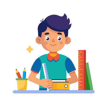 Cartoon Boy Studying with School Supplies, Back to School Illustrationのイラスト素材