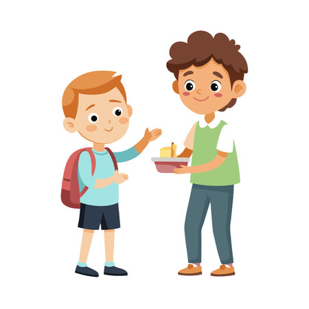 Kind Boy Sharing Lunch with Friend, School Nutrition, Lunchtime Friendshipのイラスト素材