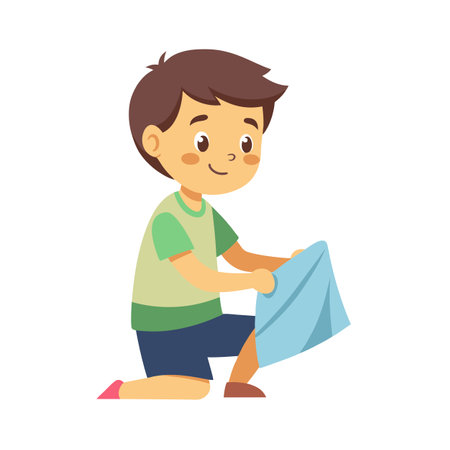 Cartoon Boy Folding Clothes: Children's Illustration of Tidying and Choresのイラスト素材