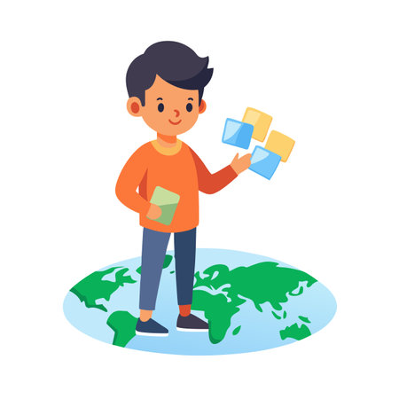Global Communication: Boy with Information, standing on the World Map, Flat Illustrationのイラスト素材