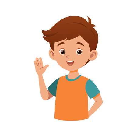 Cartoon Boy Waving Hand: Friendly Kid Illustration for Educational Materialsのイラスト素材