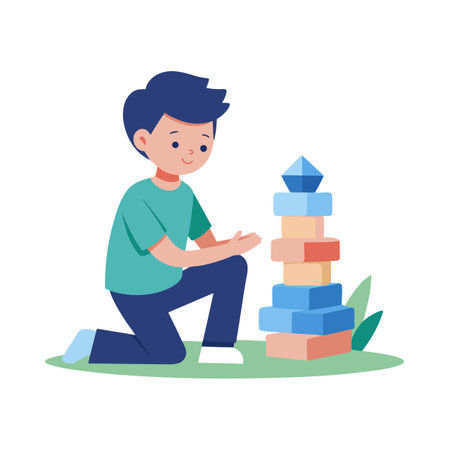 Boy Playing with Building Blocks: Childhood Development, Playtime, and Early Learningのイラスト素材