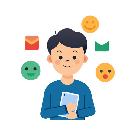 Young man using tablet surrounded by social media and email icons.のイラスト素材